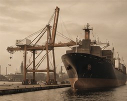 A container ship at port beside loading cranes
