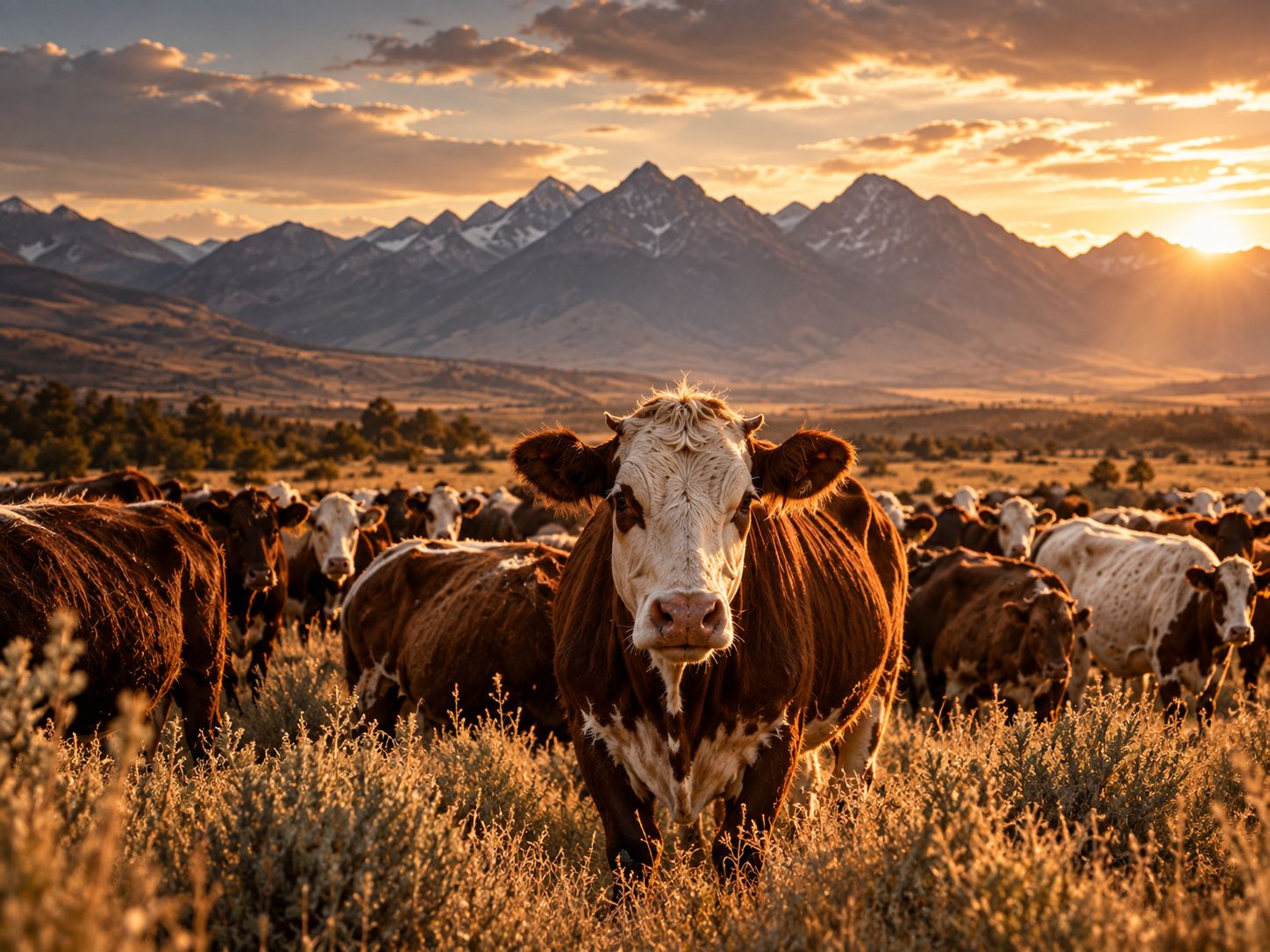 A herd of brown and white cattle on grassland below mountains at sunset