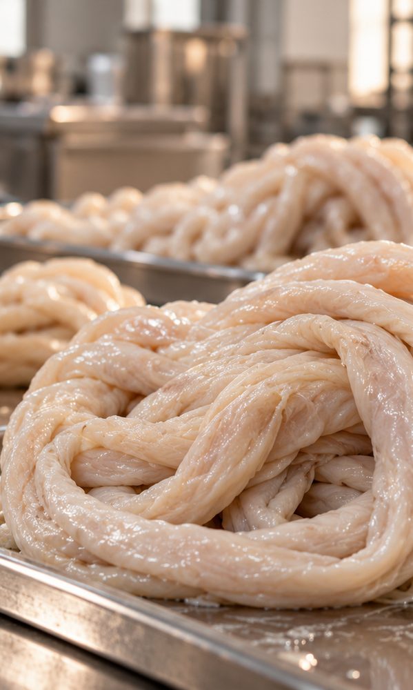 Coiled natural casings on a steel tray