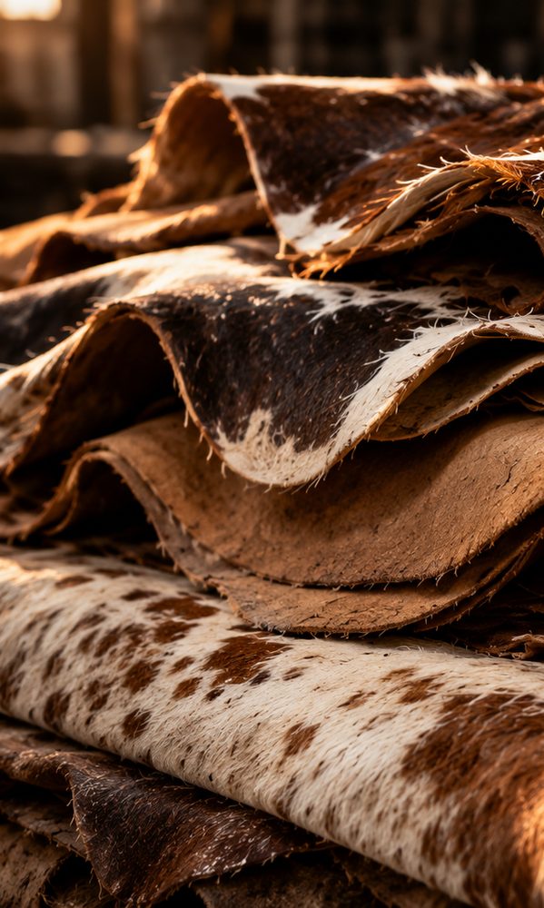 Layered raw cow hides