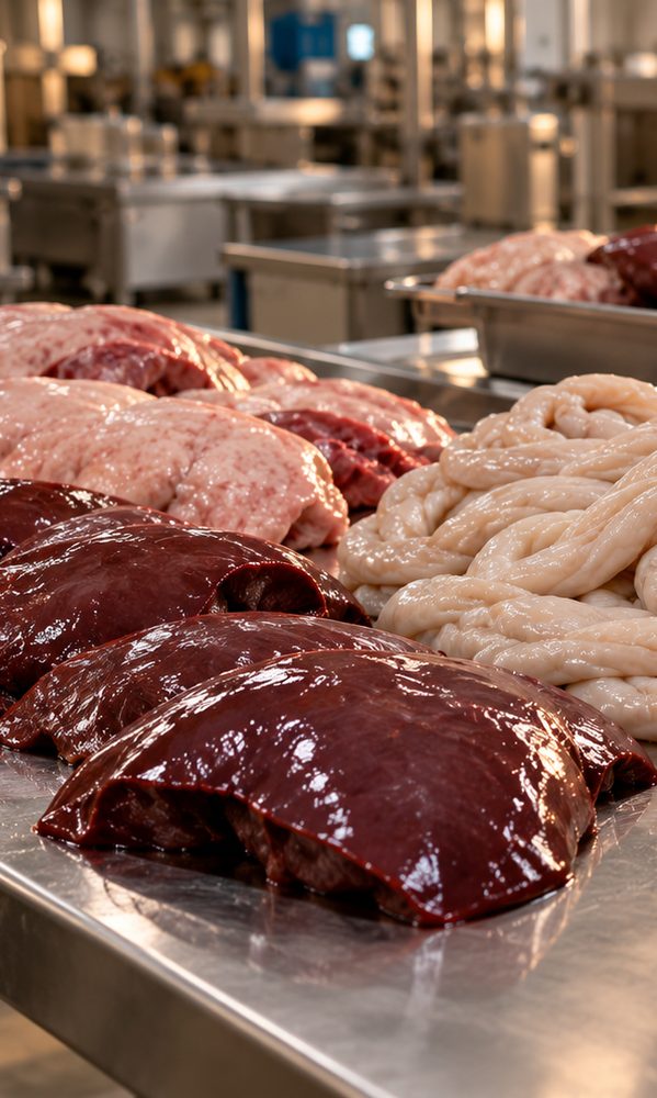 Liver, kidneys and other edible offal on a steel table