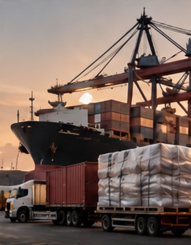 Container ship and loaded trucks at port